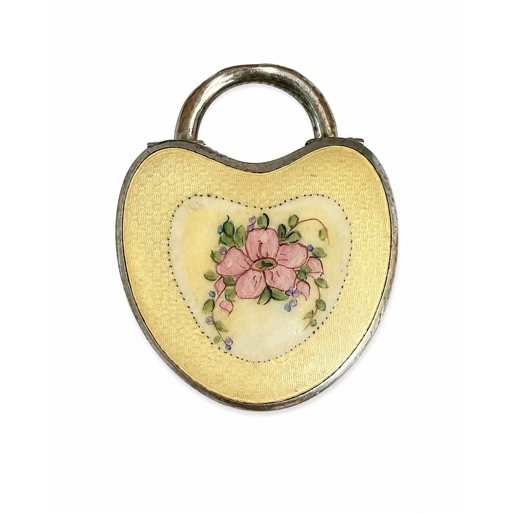 Vintage Guilloche floral enamel silver edge heart lock padlock powder compact